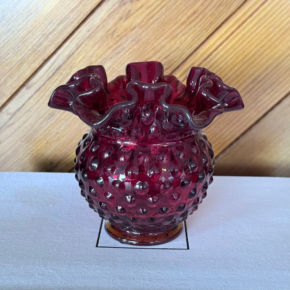Vintage Fenton Cranberry Glass Hobnail Rose Bowl Vase Ruffled Rim Logo Stamped